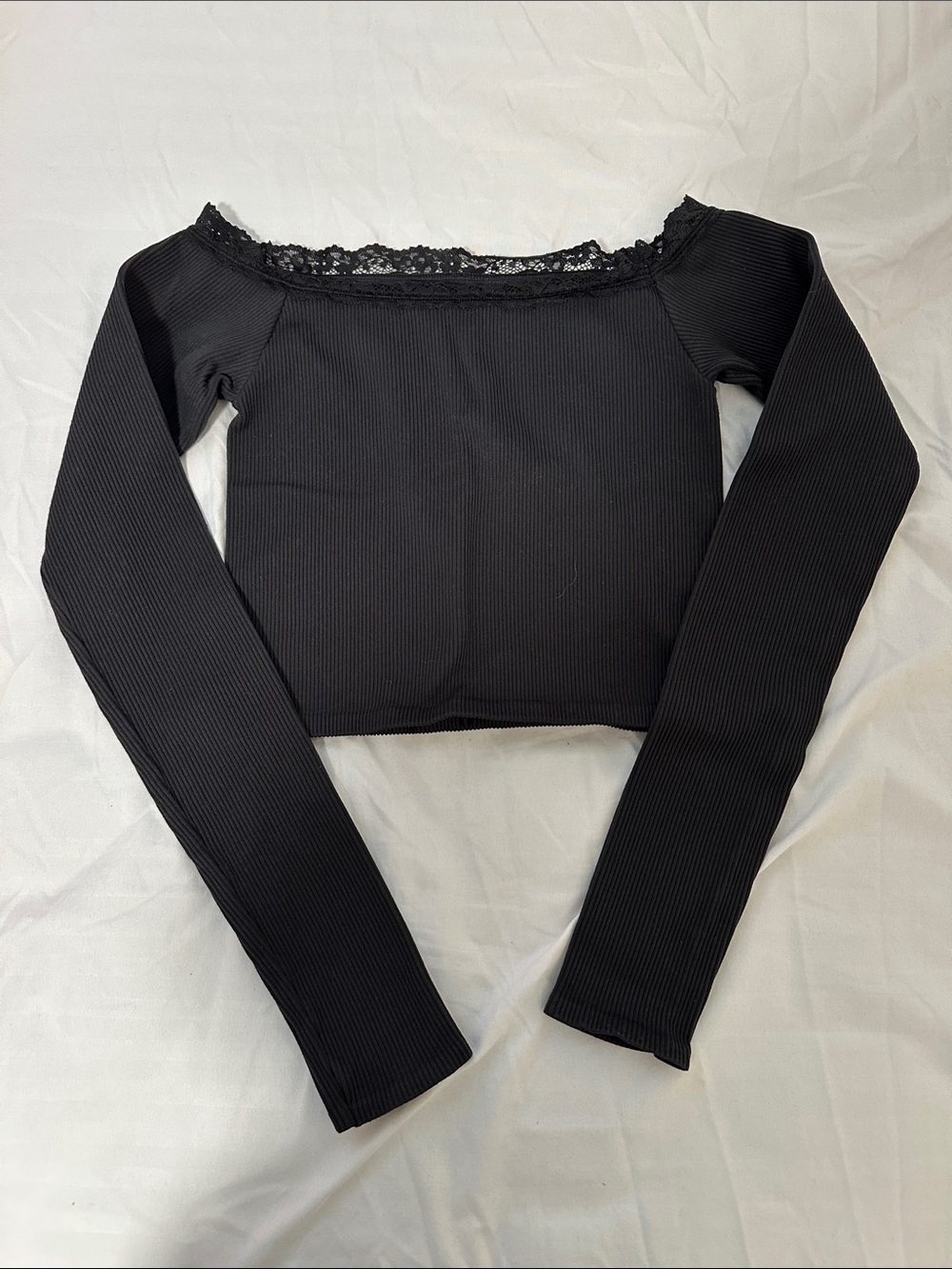 Urban Outfitters Black Ribbed Lace-Trim Off-Shoulder Crop Top